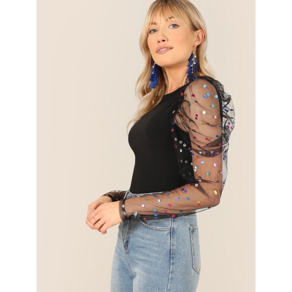 🔴SOLD🔴 Shein Black Top Mesh Confetti Sleeves